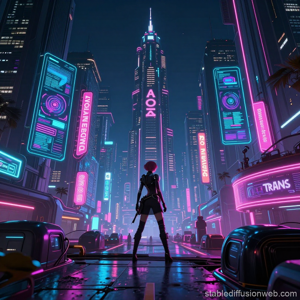Cyberpunk Cityscape with Neon Lights and Futuristic Figure