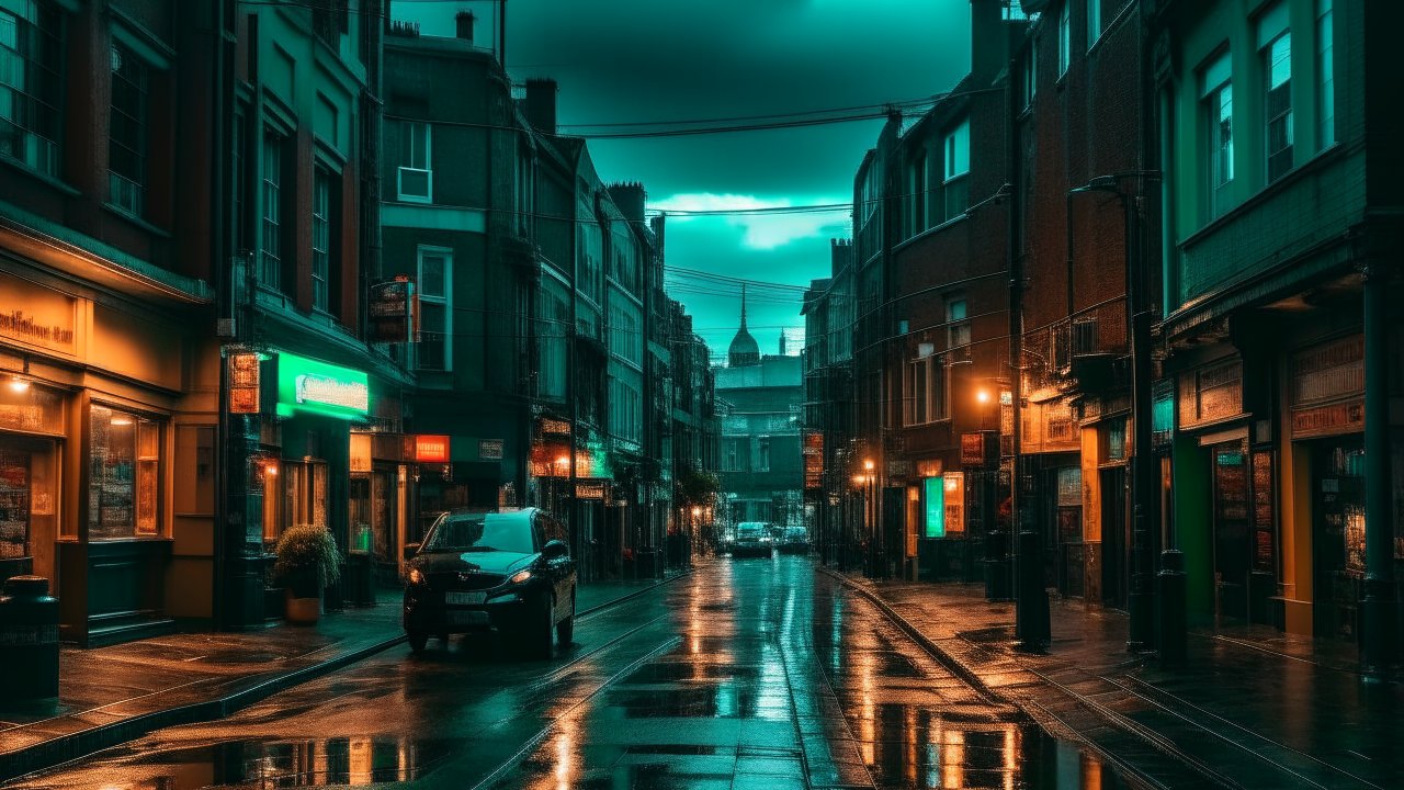 Cyberpunk Dublin Street at Night with Neon Reflections
