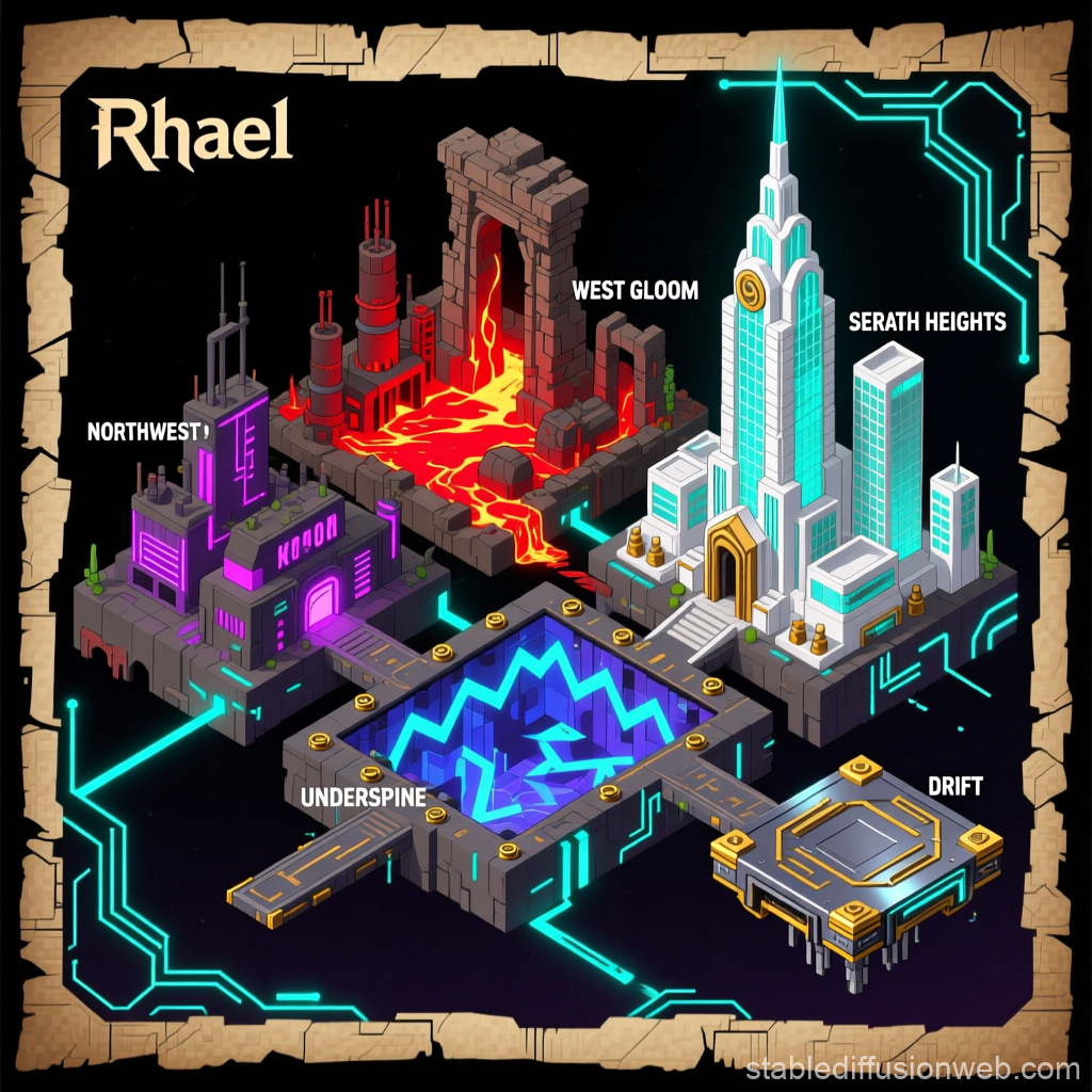 Cyberpunk Fantasy Map of Rhael with Distinct Districts