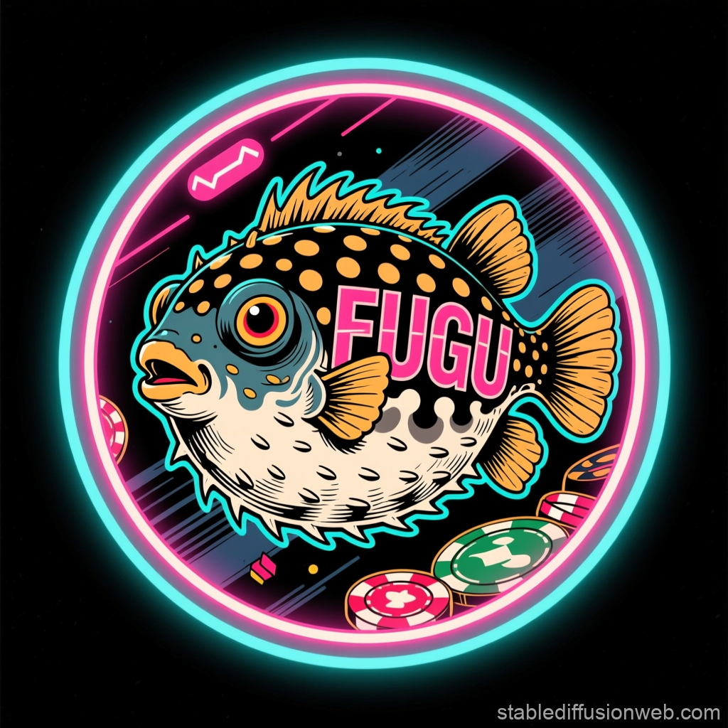 Cyberpunk Fugu Fish Tattoo with Neon Casino Chips