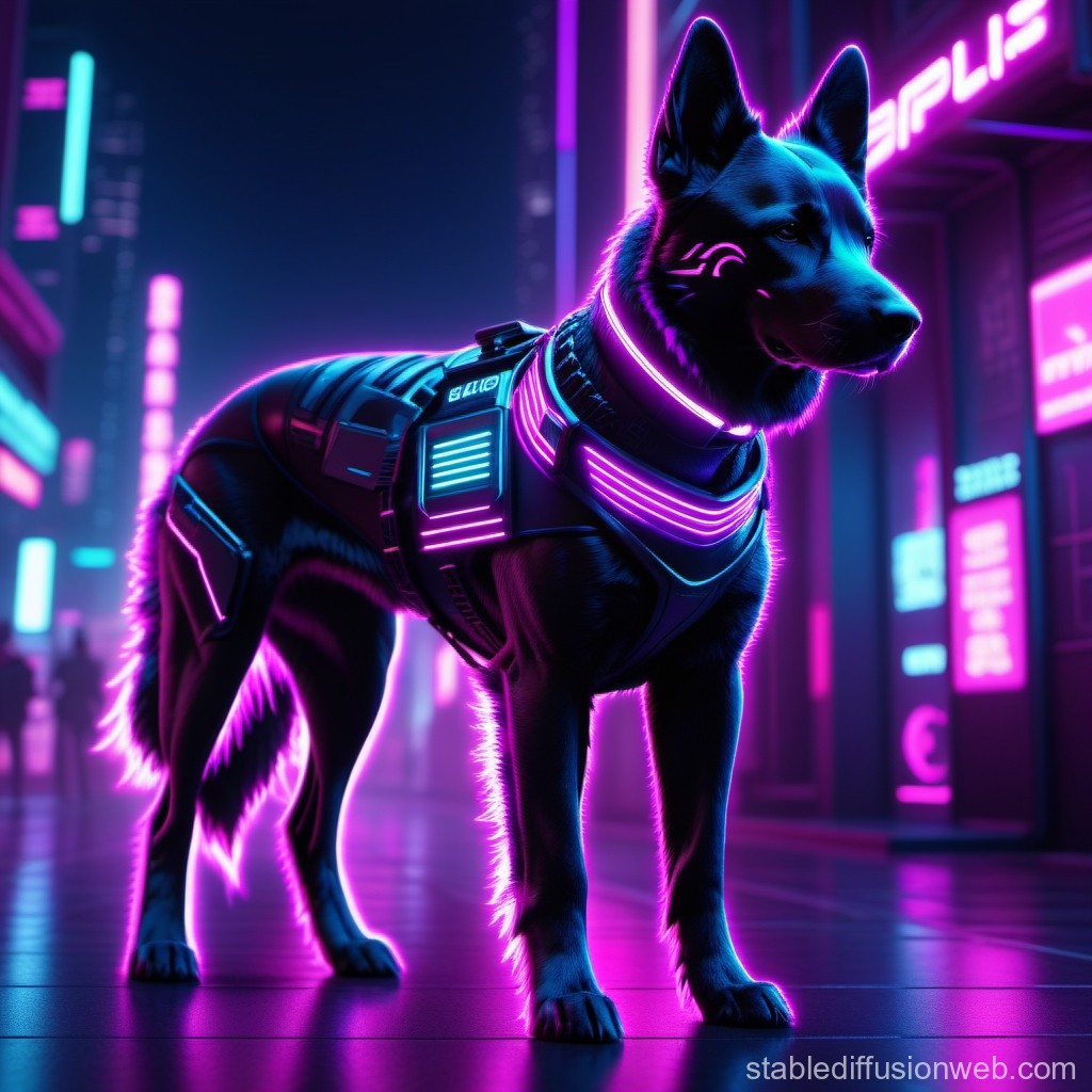 Cyberpunk German Shepherd with Neon Armor in Futuristic City