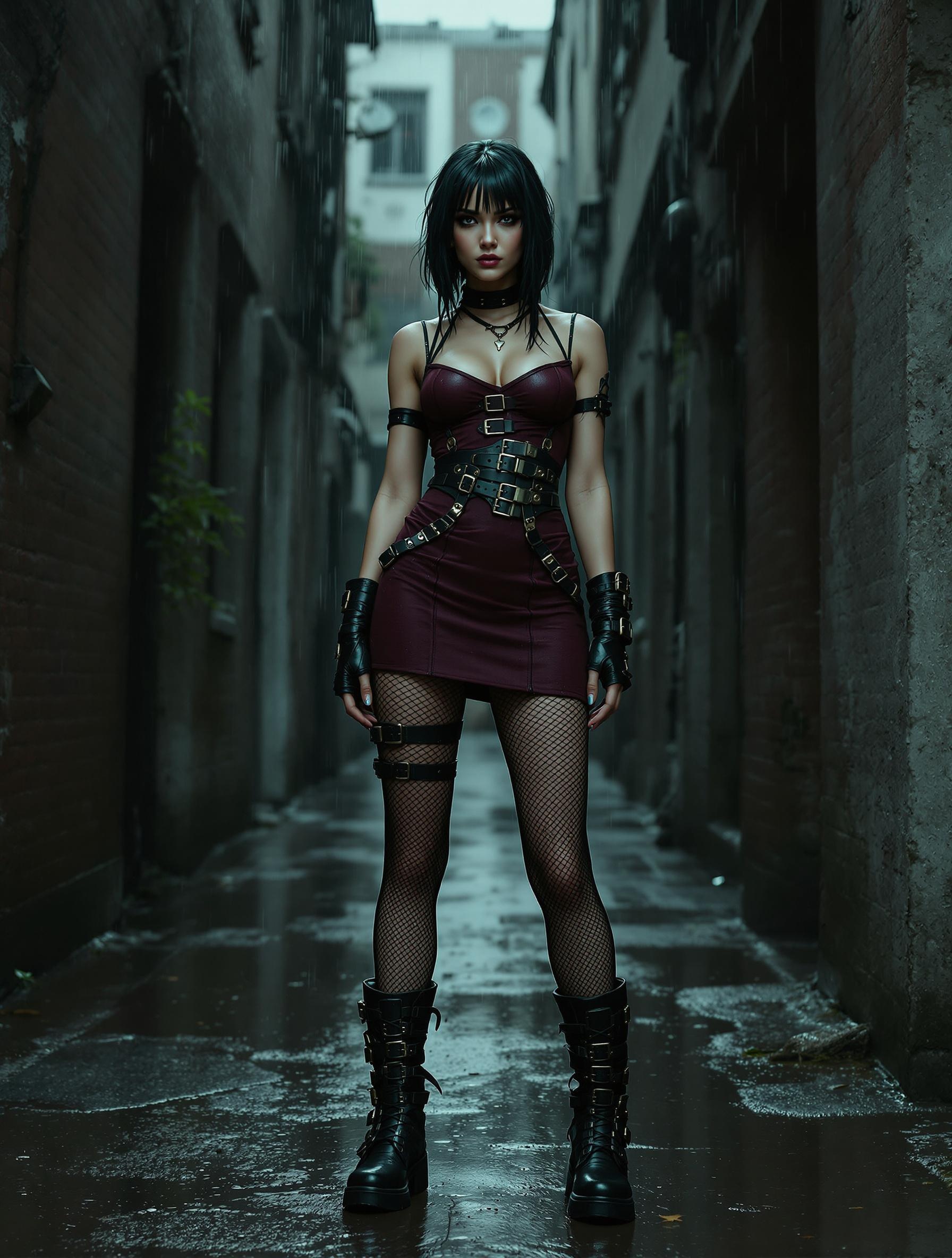 Cyberpunk Girl in Dark Alley with Rain