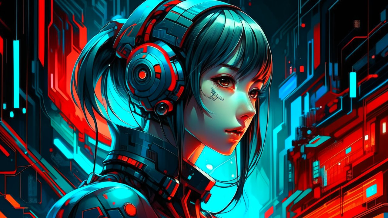 Cyberpunk Girl with Futuristic Headgear in Neon Cityscape
