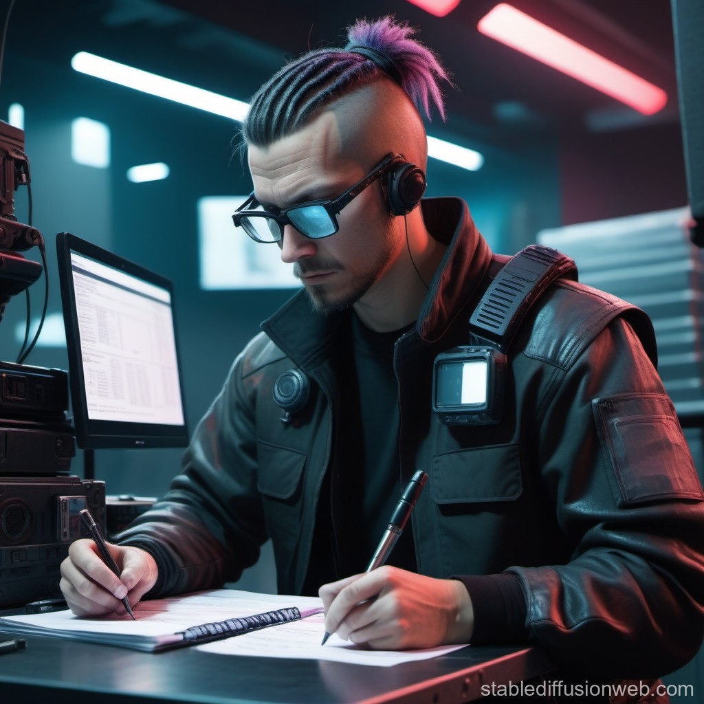 Cyberpunk Hacker Working Intently in Futuristic Setting