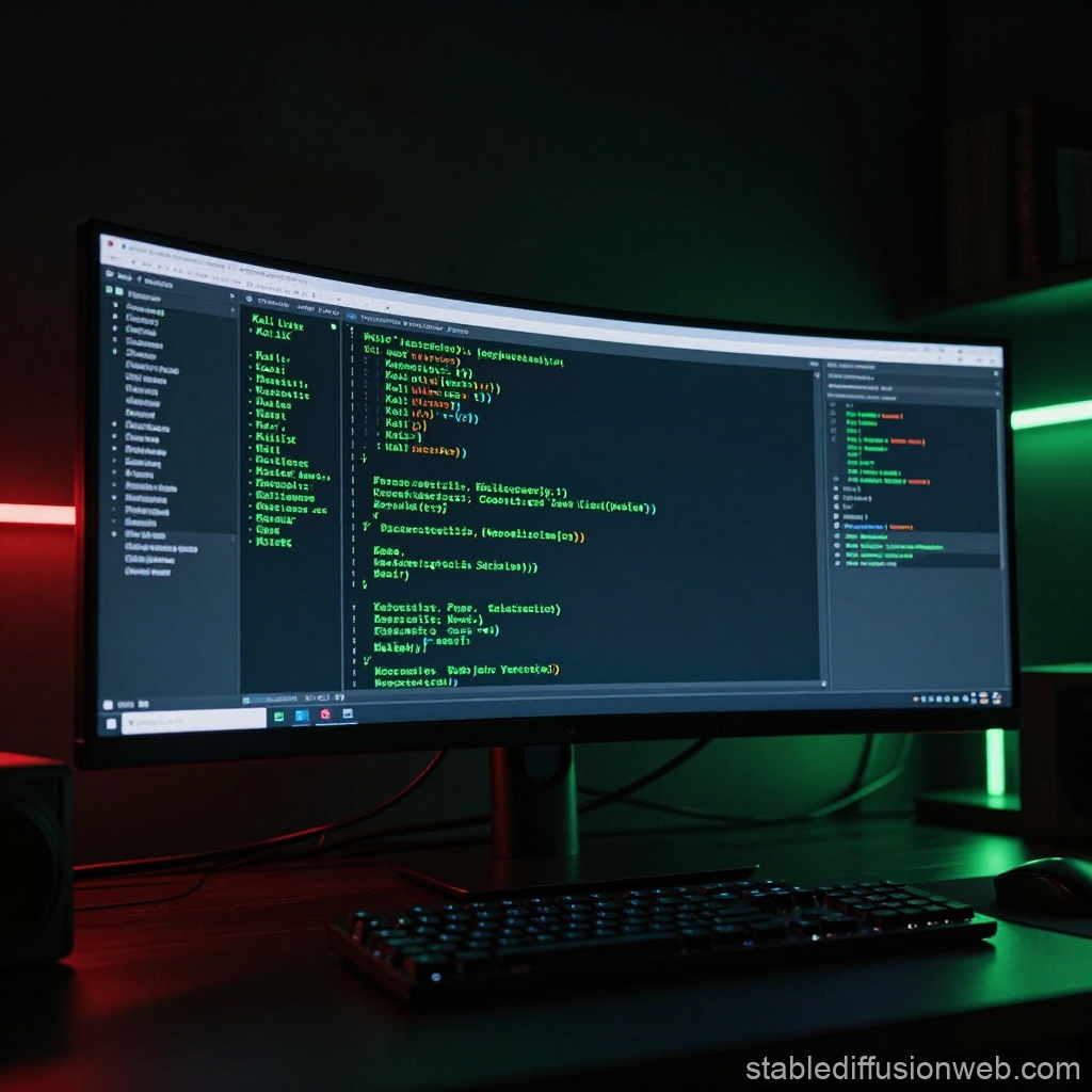 Cyberpunk Hacker Workspace with Ultra-Wide Monitor
