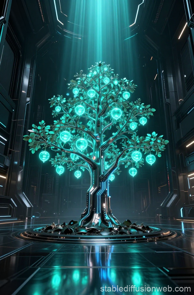 Cyberpunk Holographic Tree with Glowing Orbs