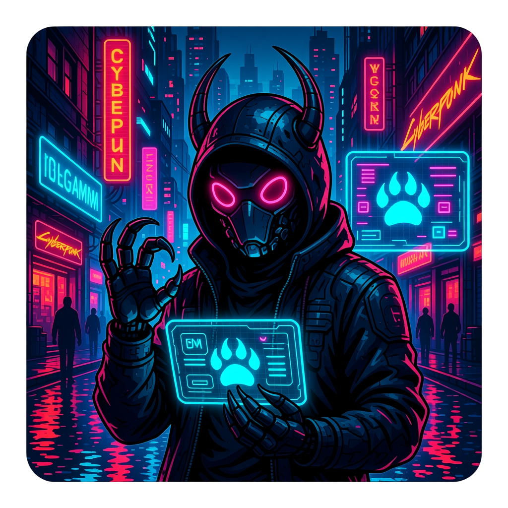 Cyberpunk Hooded Figure with Neon Claw Interface