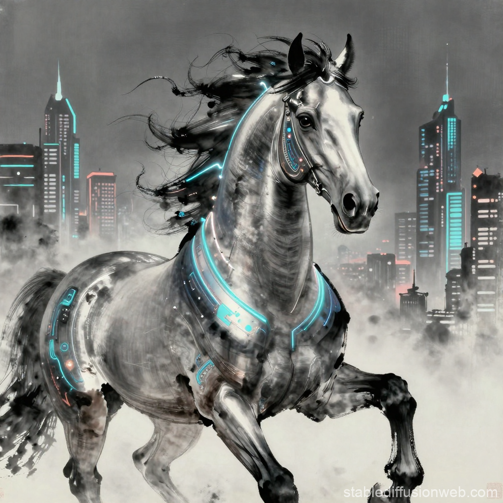 Cyberpunk Horse in Futuristic Cityscape