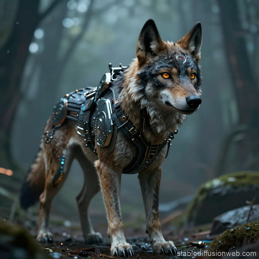 Cyberpunk Hybrid Wolf Creature in Forest