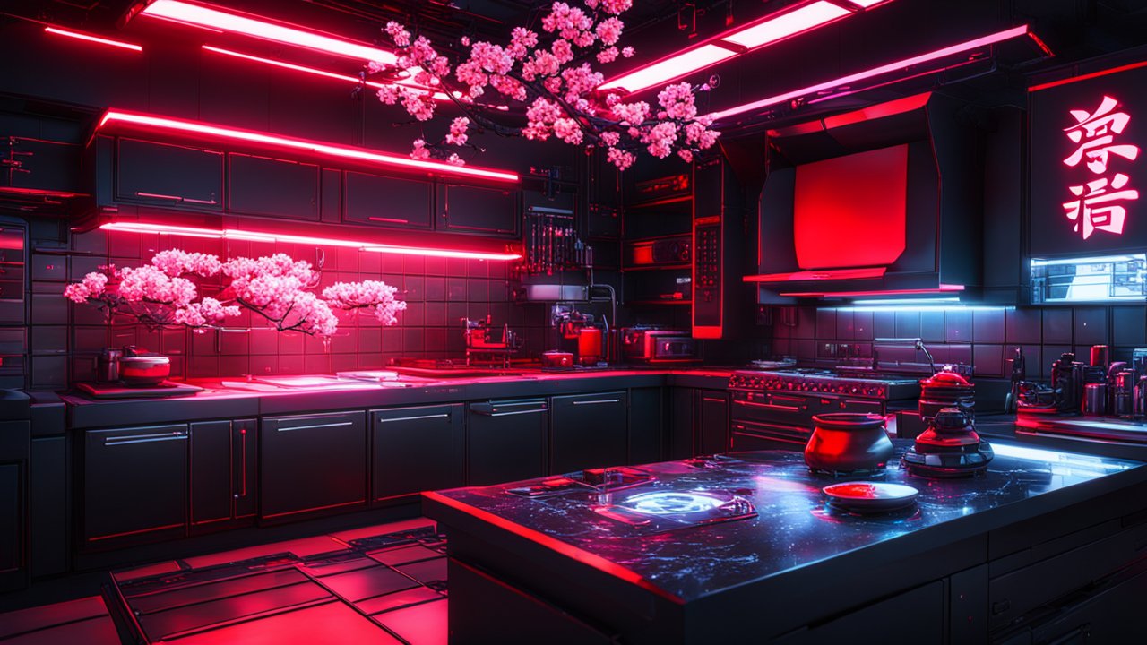 Cyberpunk Kitchen with Neon Cherry Blossoms
