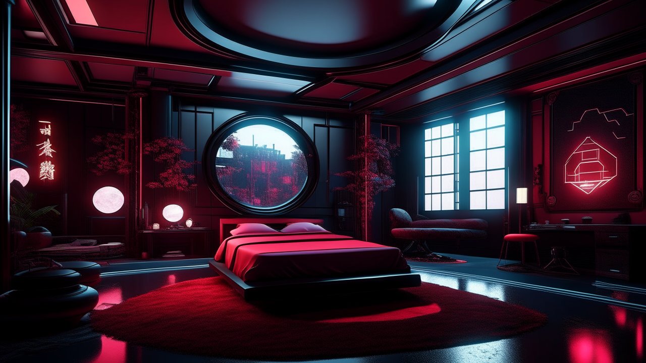 Cyberpunk Luxury Bedroom with Neon Accents