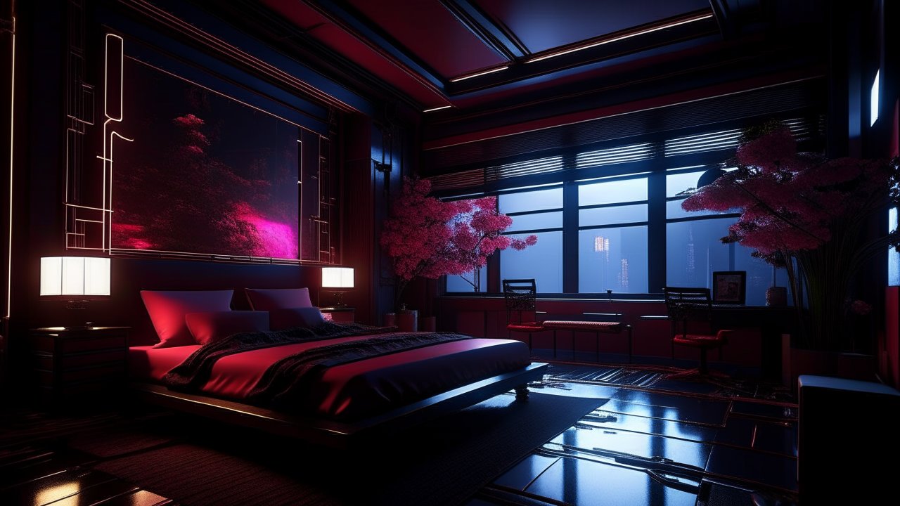Cyberpunk Luxury Bedroom with Neon Lighting