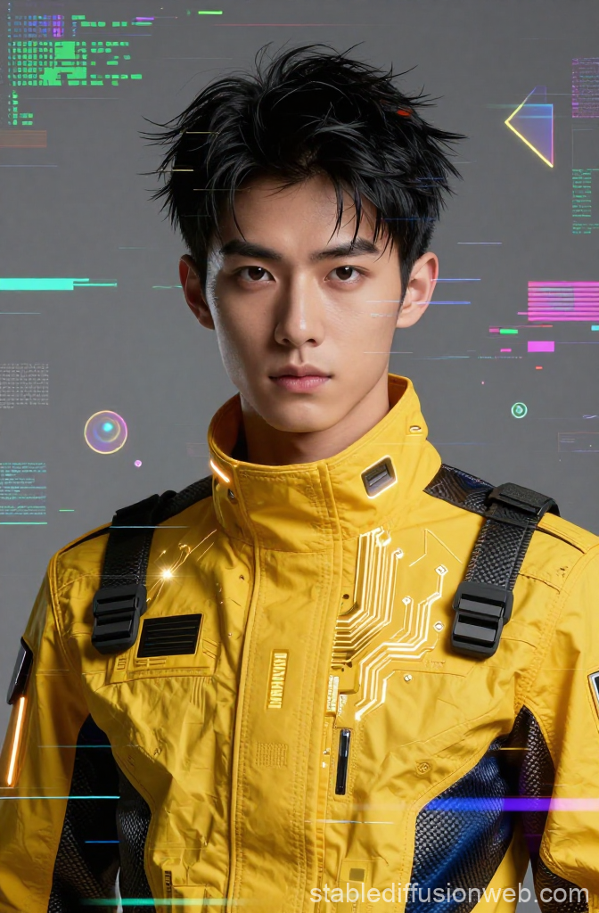 Cyberpunk Male Protagonist in Futuristic Yellow Jacket
