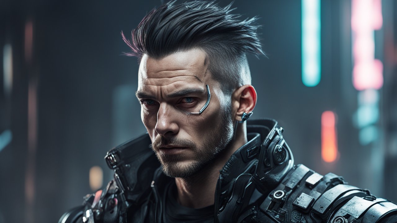 Cyberpunk Man with Futuristic Armor and Tech Enhancements