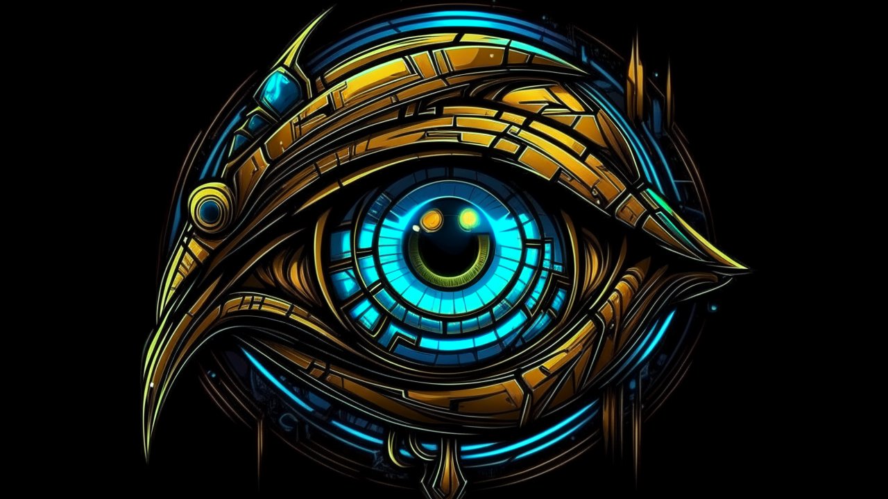 Cyberpunk Mechanical Eye with Neon Blue and Gold Details