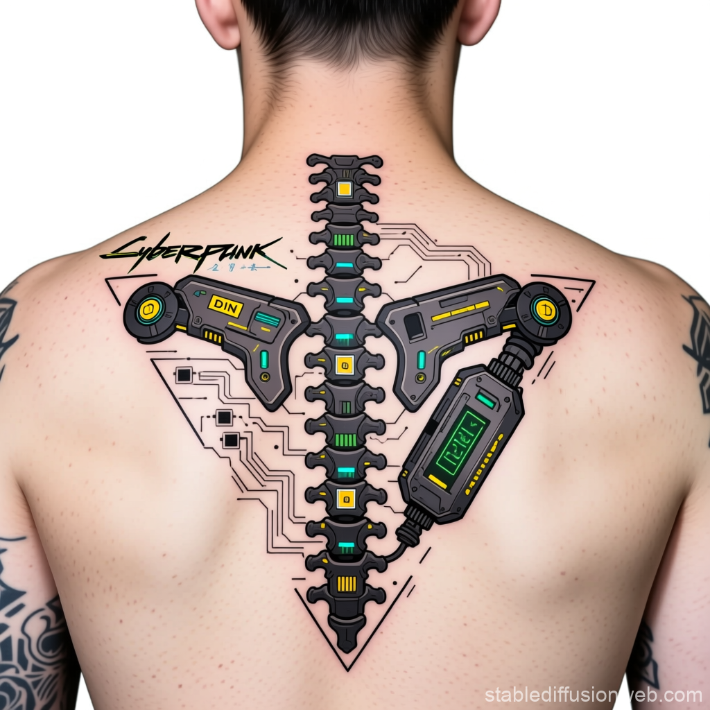 Cyberpunk Mechanical Spine Tattoo on Back