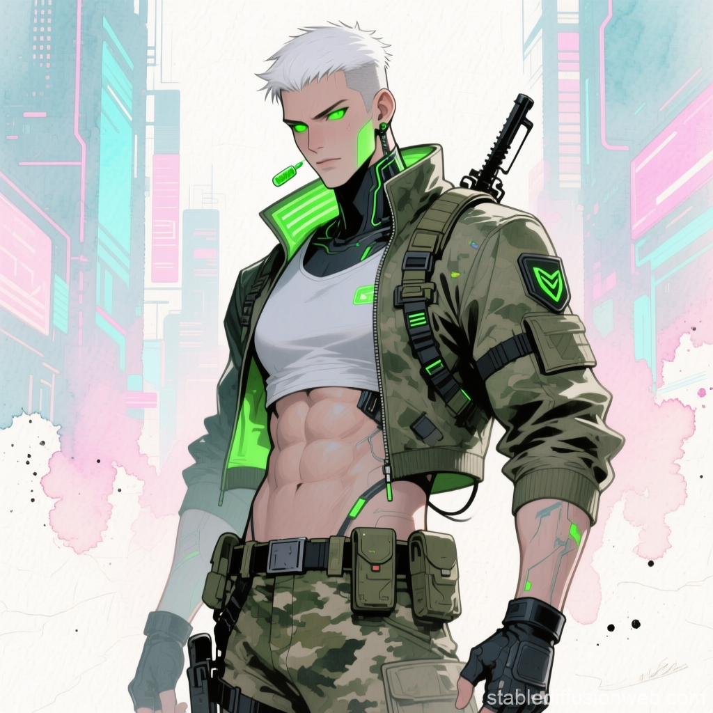 Cyberpunk Mercenary with Neon Green Accents in Futuristic City