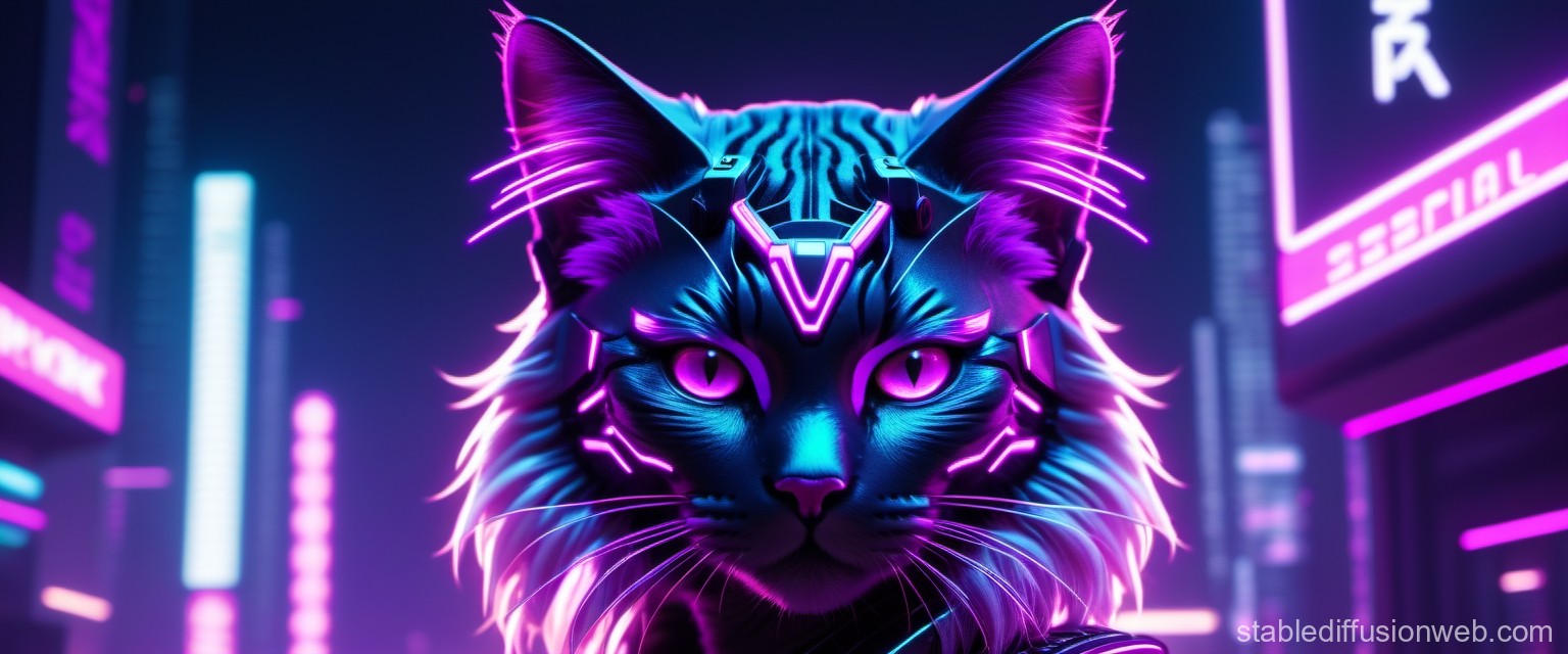 Cyberpunk Neon Cat Portrait in Futuristic Cityscape