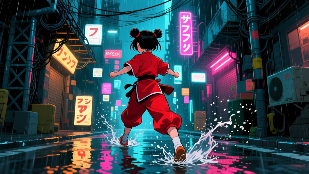 Cyberpunk Night Chase in Neon-Lit Alley