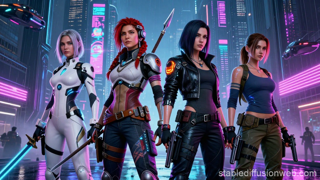 Cyberpunk Night City Female Heroes Standing Strong