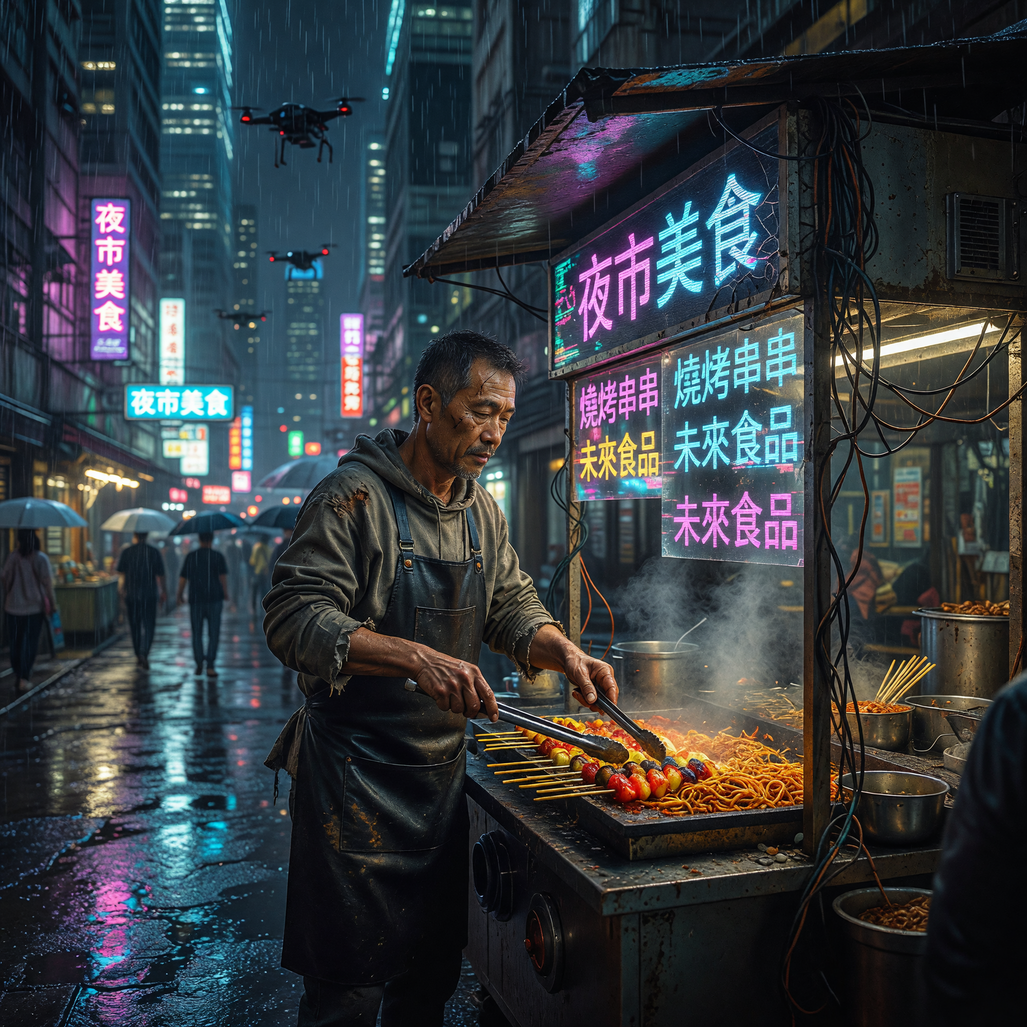 Cyberpunk Night Market Street Food Vendor in Rain