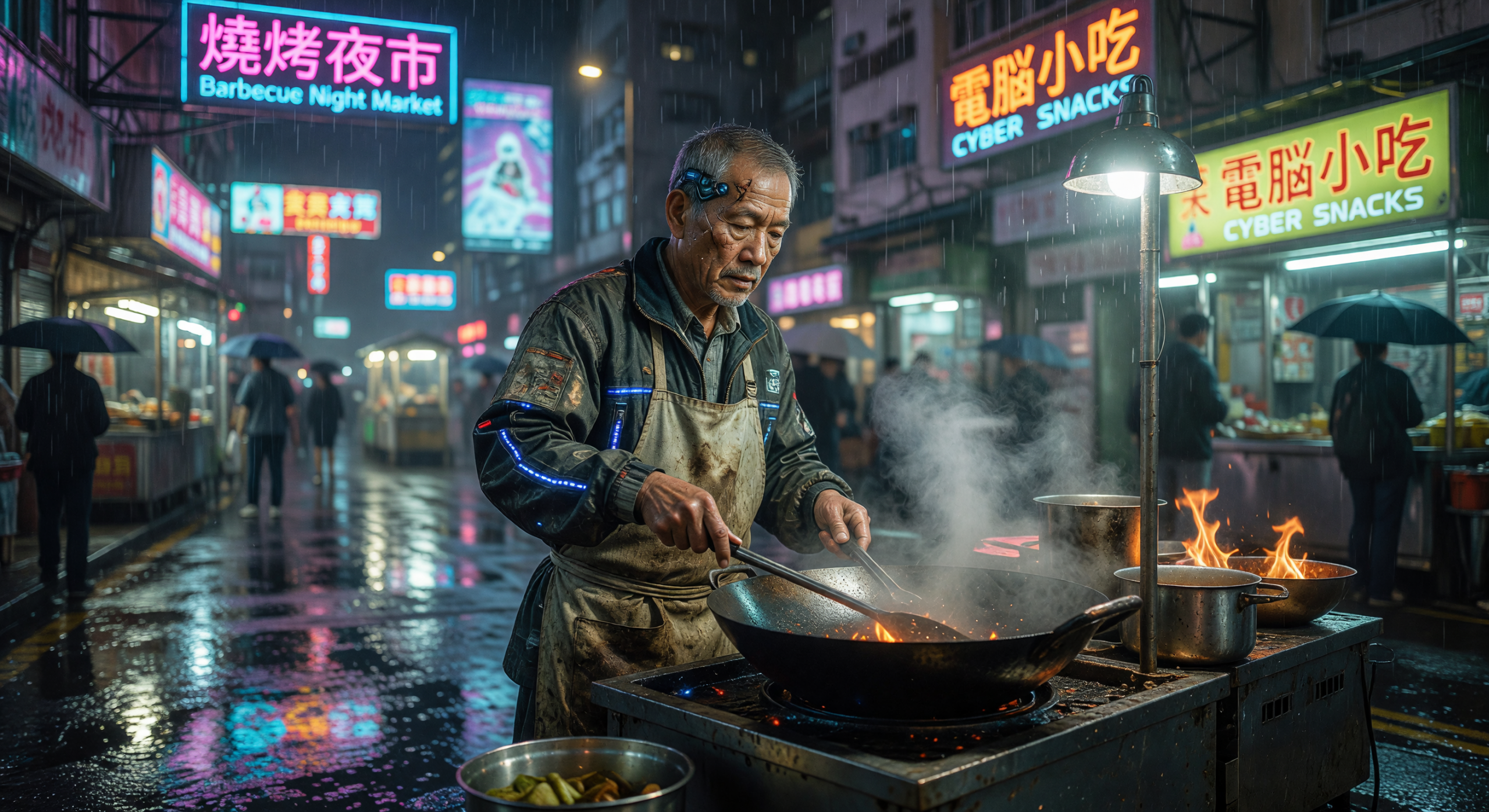 Cyberpunk Night Market Vendor Cooking in Neon Rain