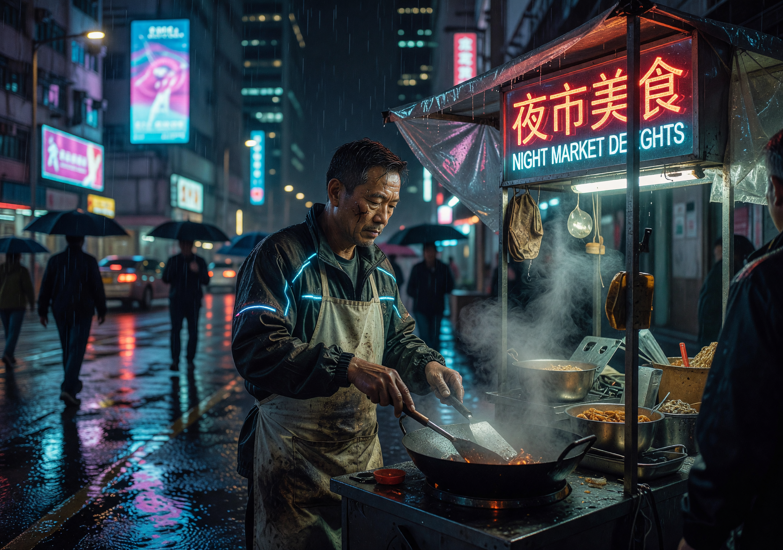 Cyberpunk Night Market Vendor Cooking in Rain