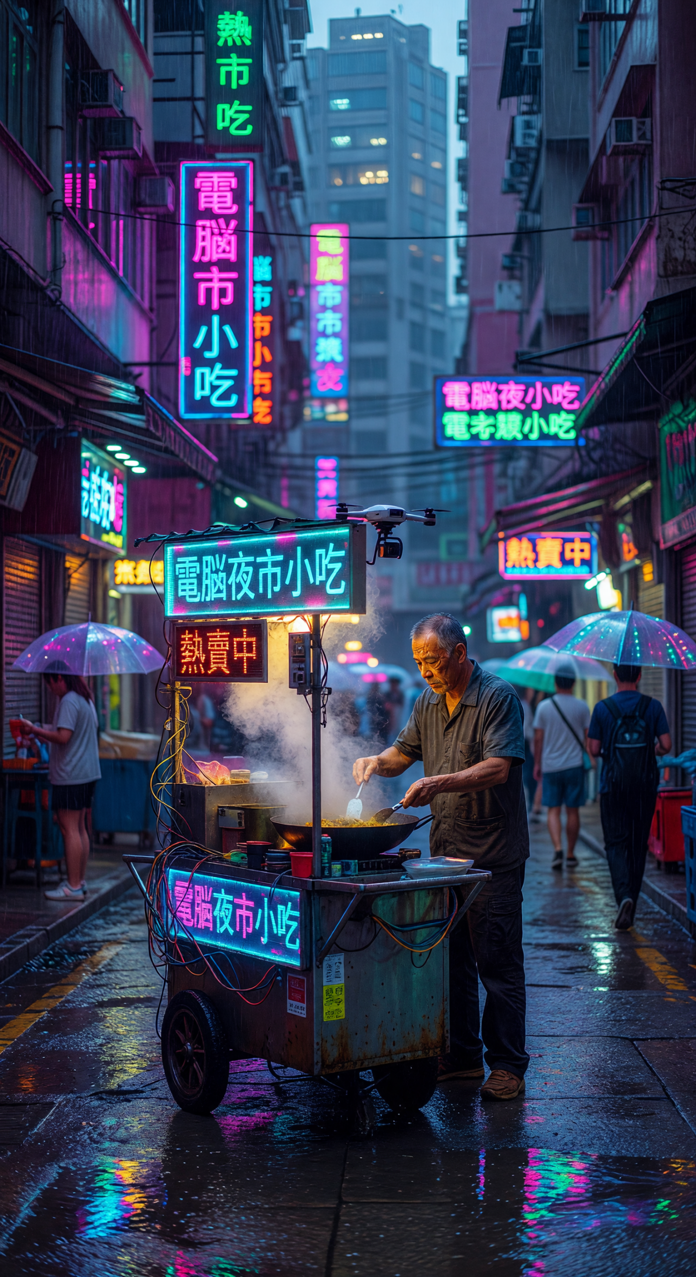 Cyberpunk Night Market Vendor Cooking in Rainy Alley