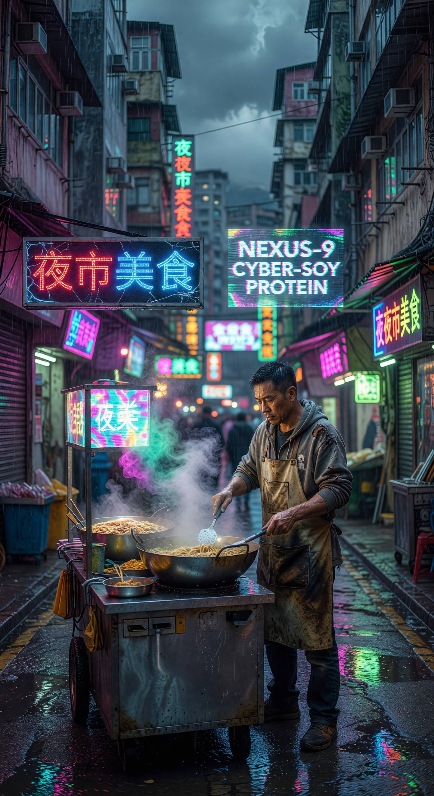 Cyberpunk Night Market Vendor Cooking Noodles in Rainy Alley