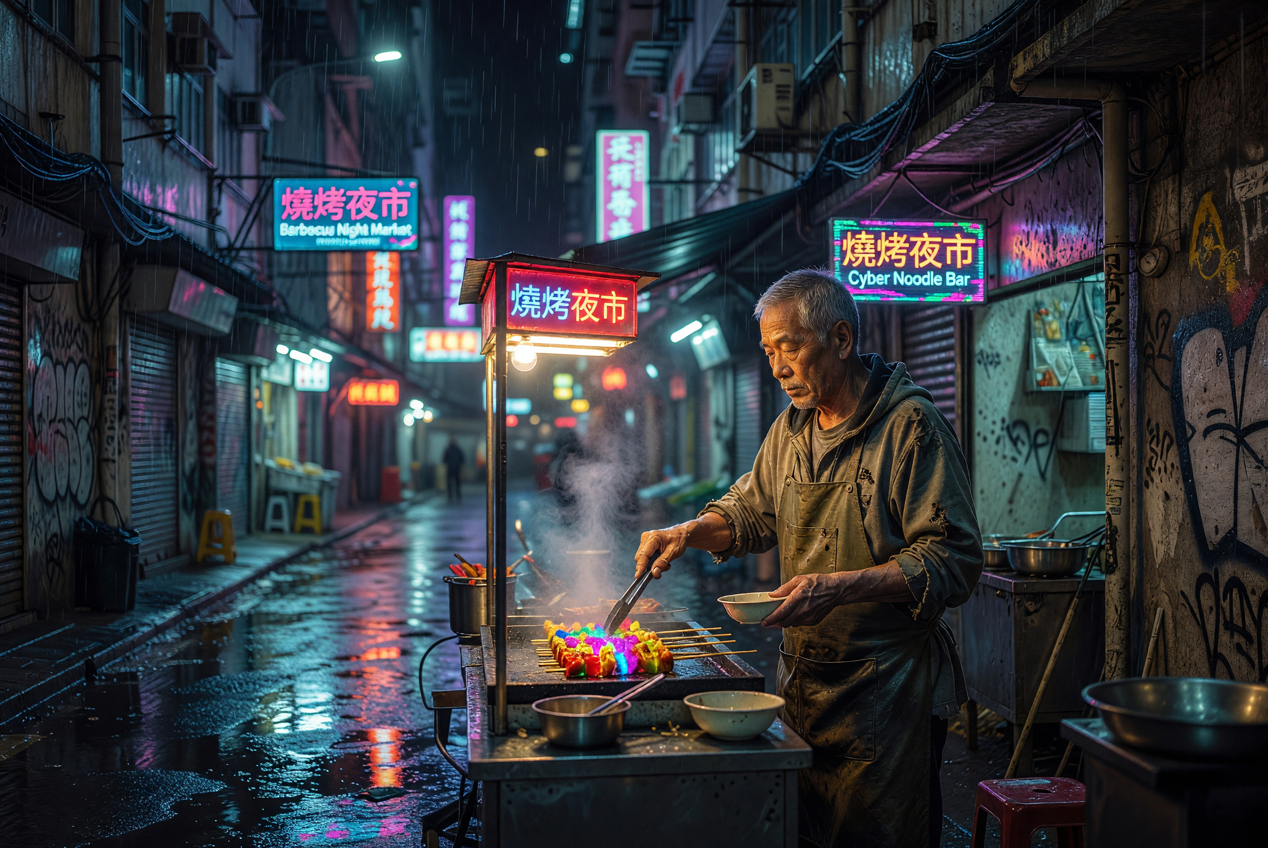 Cyberpunk Night Market Vendor Grilling Skewers in Rainy Alley