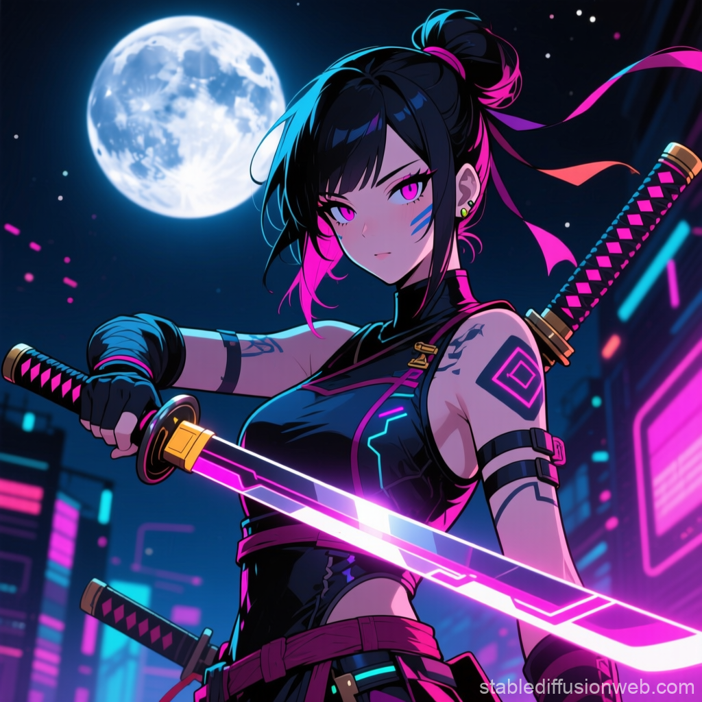 Cyberpunk Ninja with Neon Katana Under Full Moon