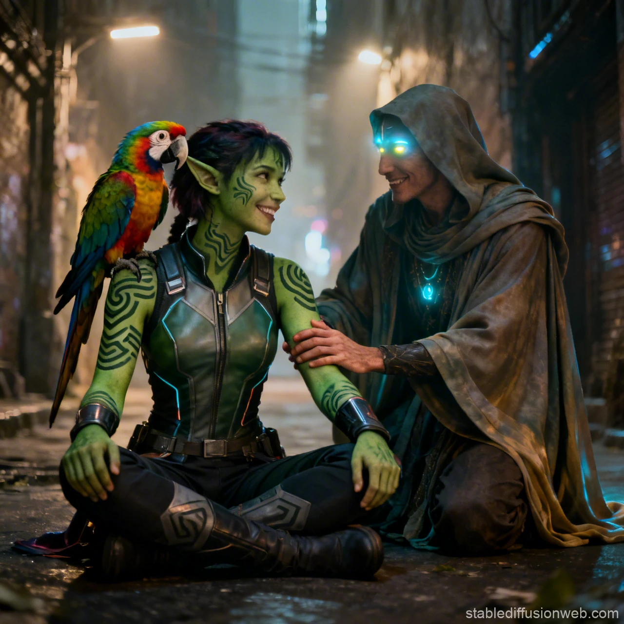 Cyberpunk Ork Shaman with Parrot in Neon Alley