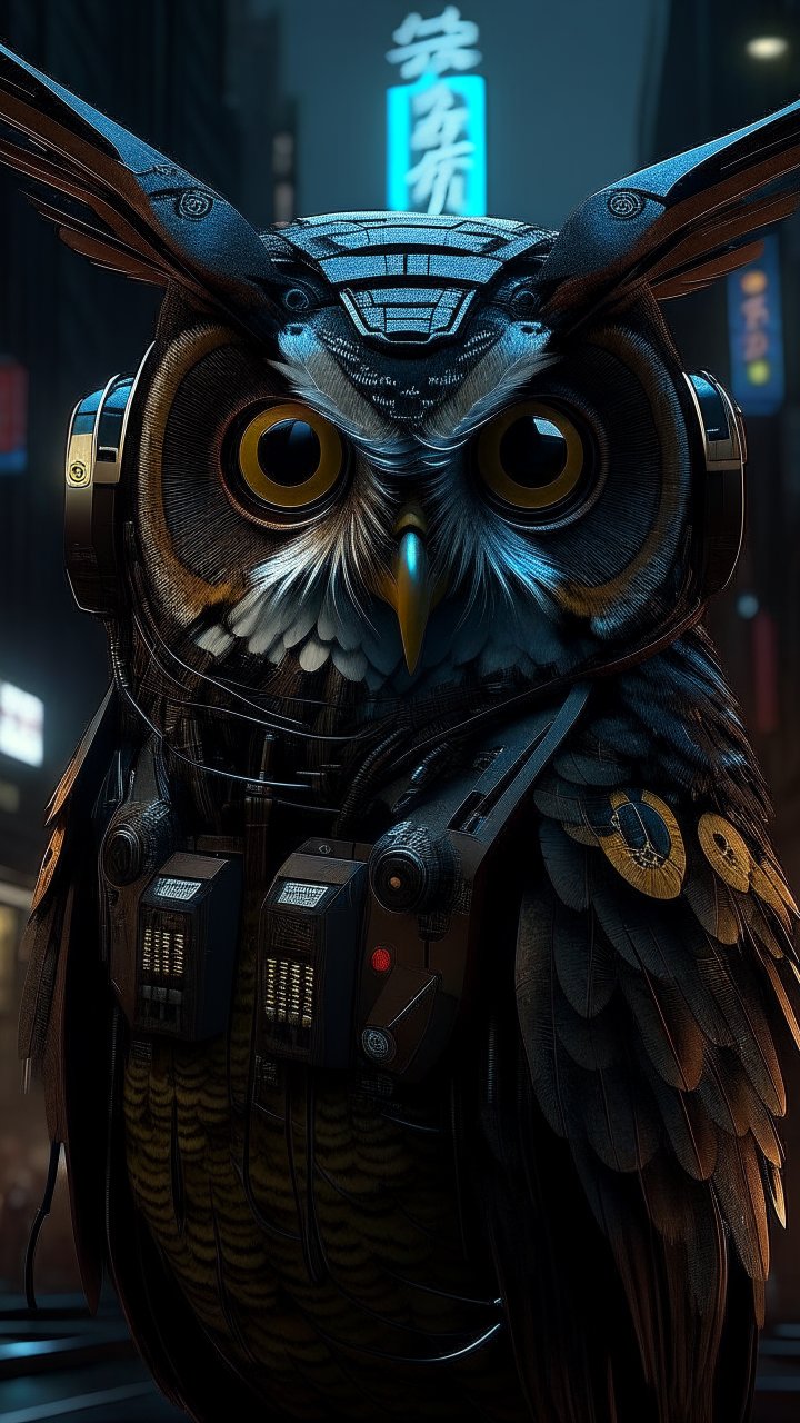 Cyberpunk Owl with Futuristic Japanese Tech