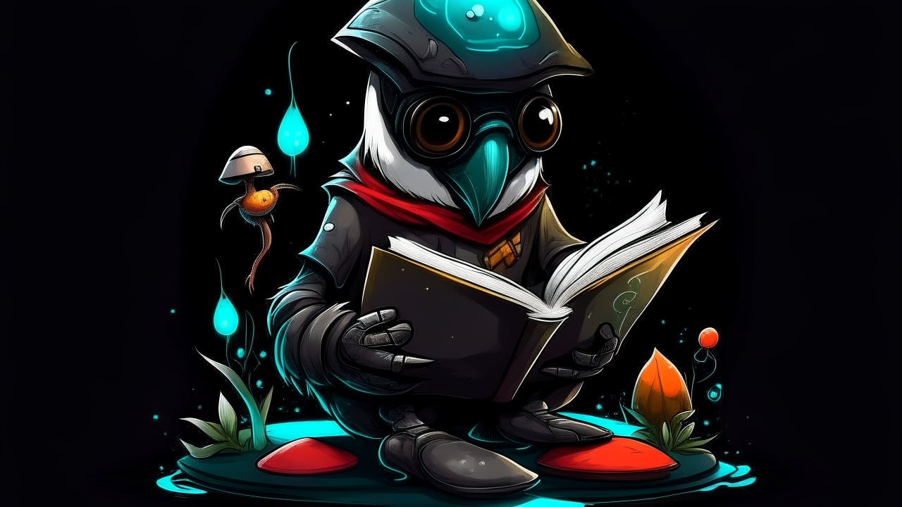 Cyberpunk Penguin Reading a Book with Glowing Orbs