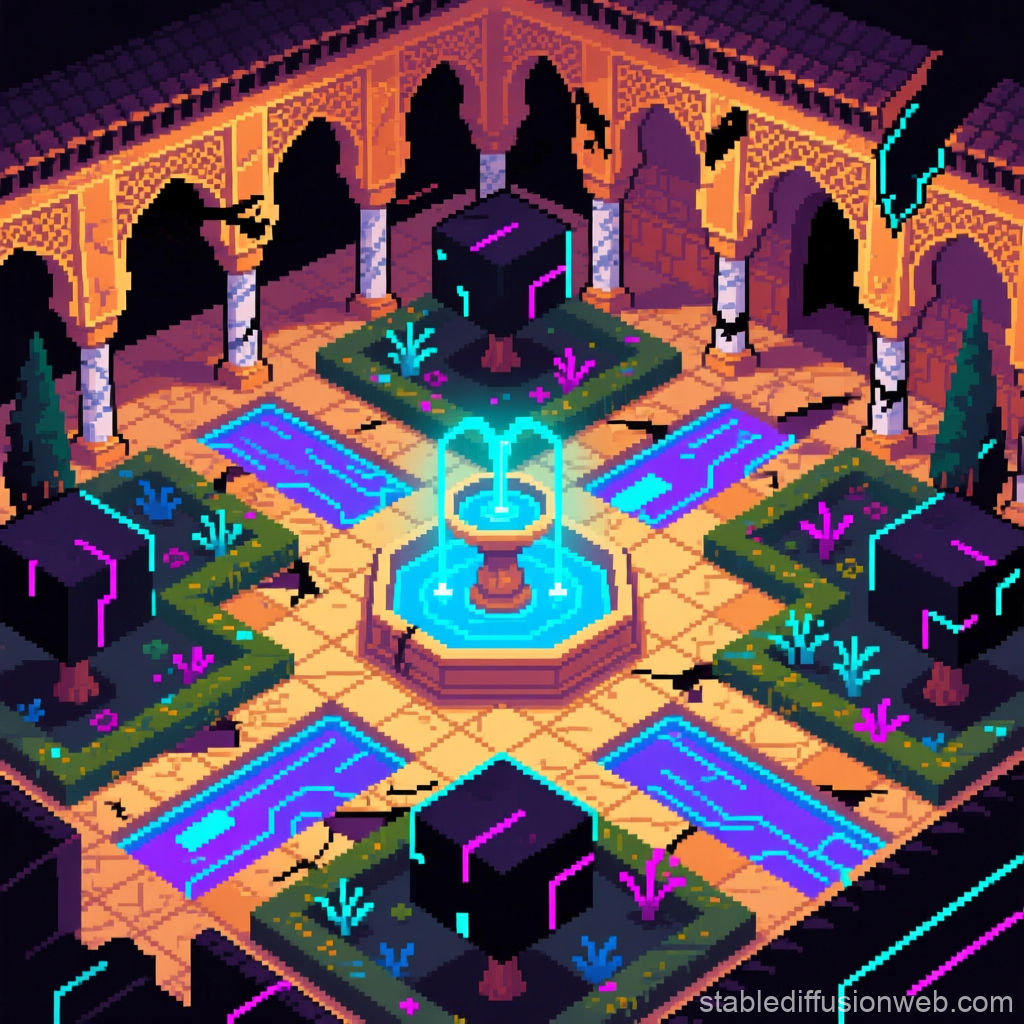 Cyberpunk Pixel Art of Alhambra Courtyard