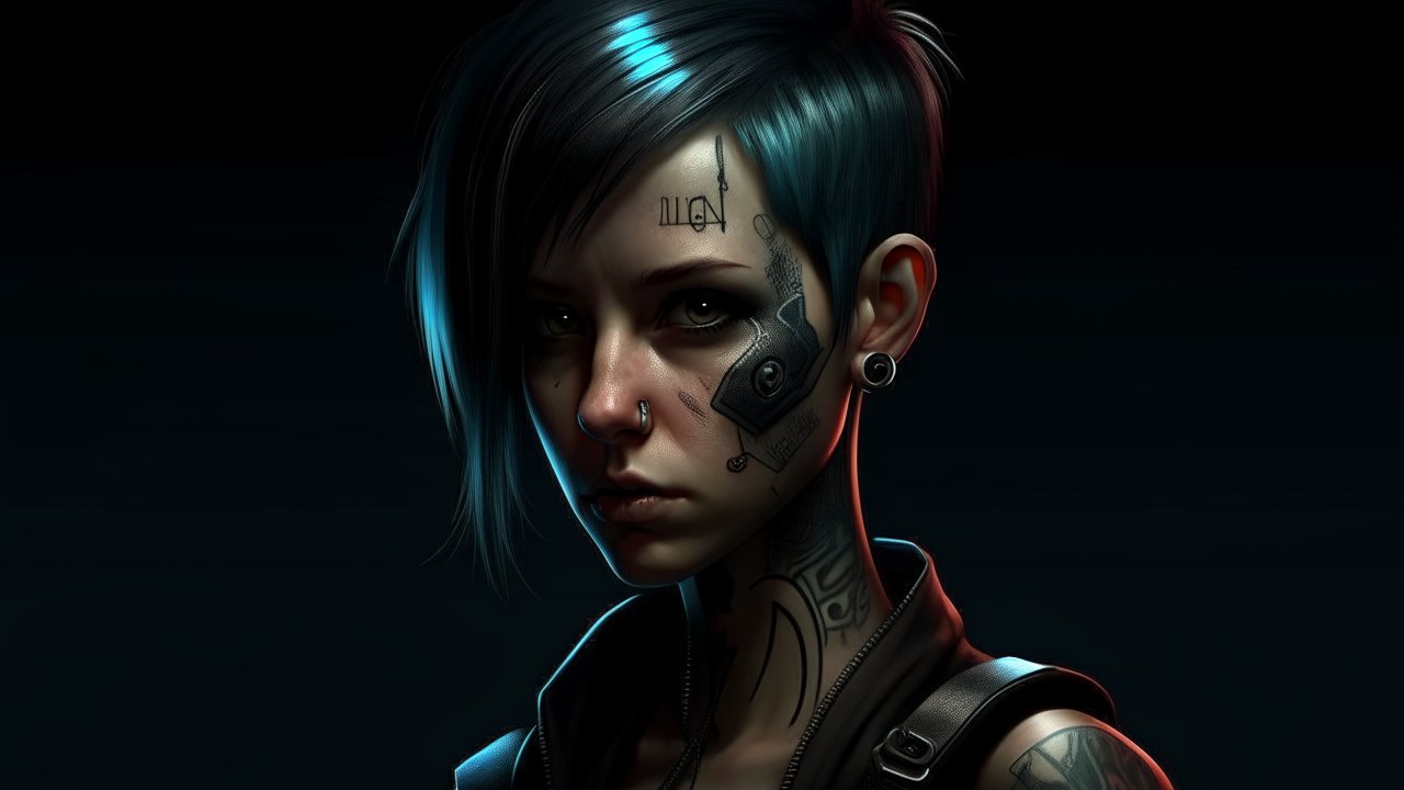 Cyberpunk Portrait of a Tattooed Woman with Blue Hair