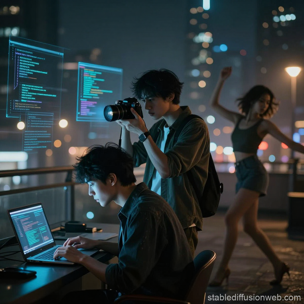 Cyberpunk Programmer Working with Holographic Code at Night