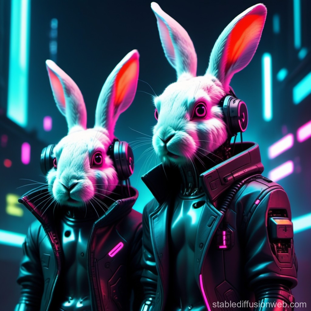 Cyberpunk Rabbits in Futuristic Neon City