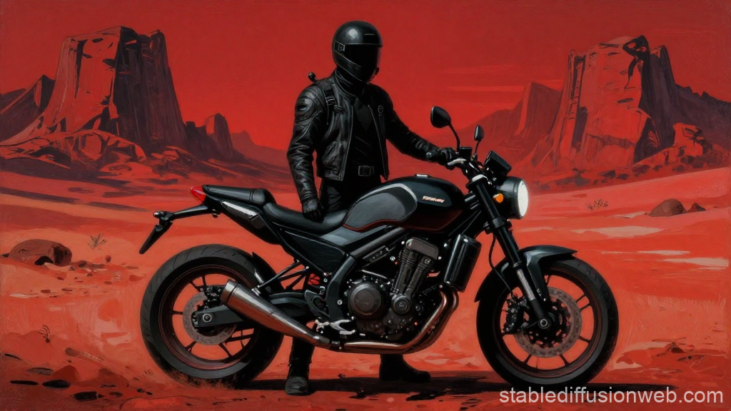 Cyberpunk Rider Standing Next to Motorcycle in Red Desert