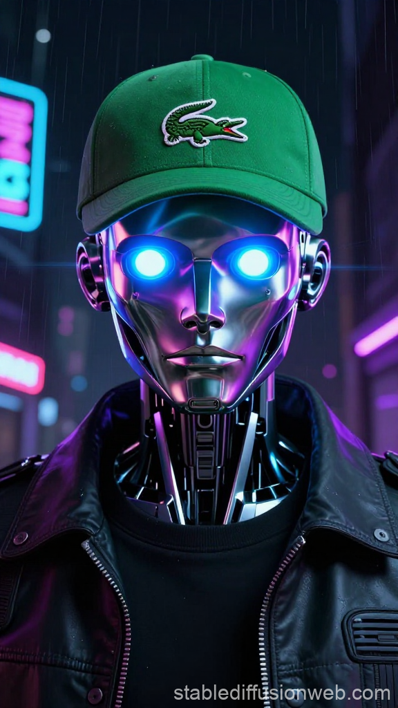 Cyberpunk Robot with Neon Blue Eyes and Green Cap