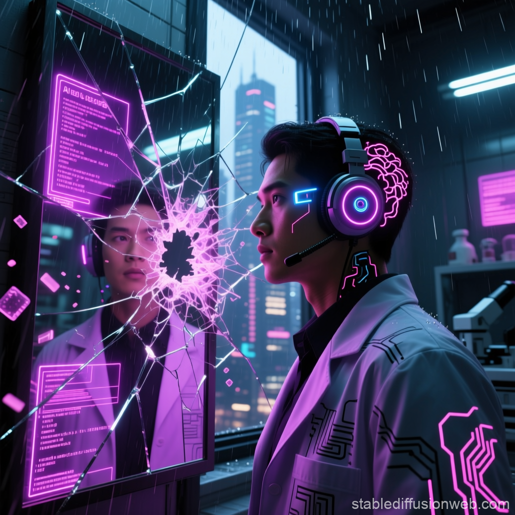 Cyberpunk Scientist with Neon Brain and Shattered Digital Interface