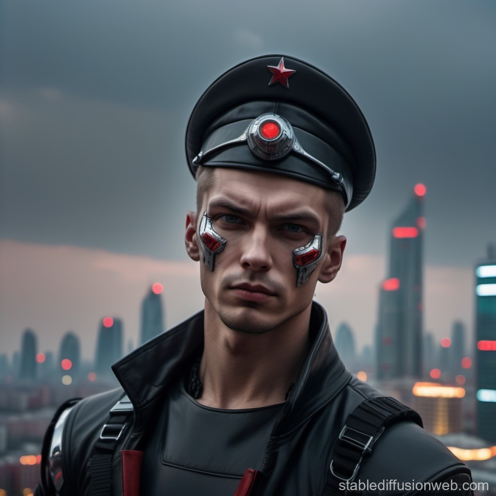 Cyberpunk Soldier with Futuristic Facial Implants in Urban Nightscape