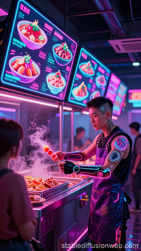 Cyberpunk Street Food Stall with Holographic Menus