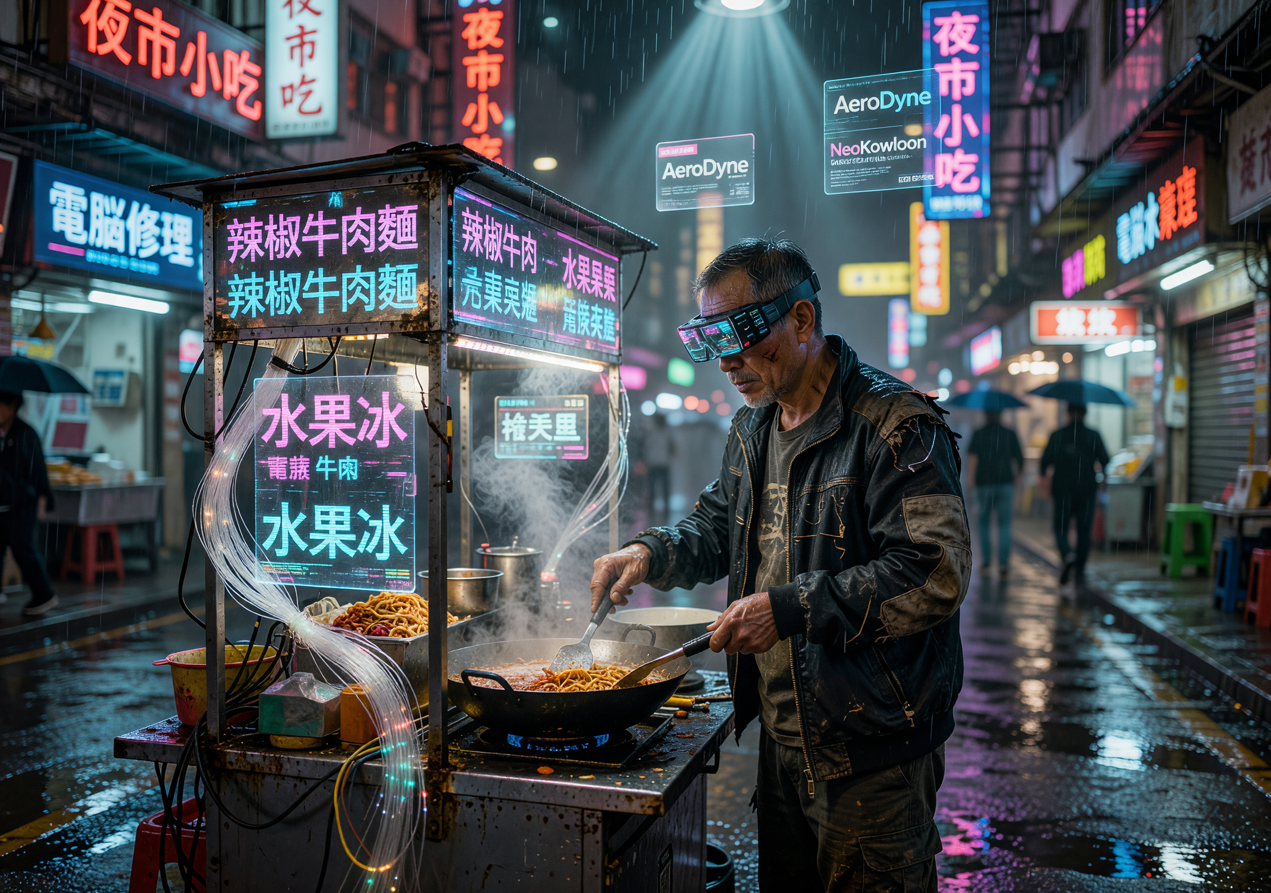 Cyberpunk Street Vendor Cooking in Rainy Neon-lit Alley