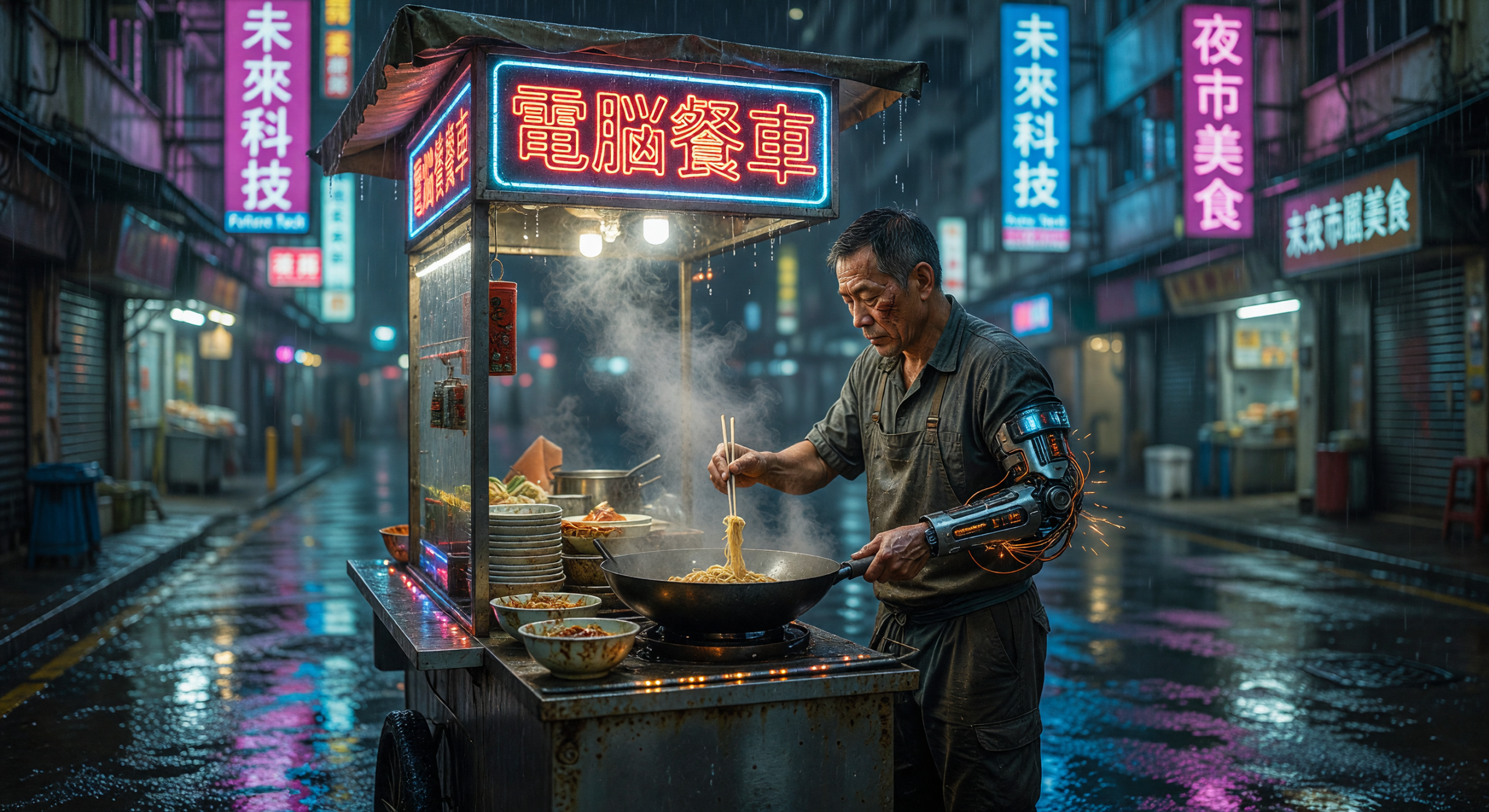 Cyberpunk Street Vendor Cooking Noodles in Neon-lit Rainy Night