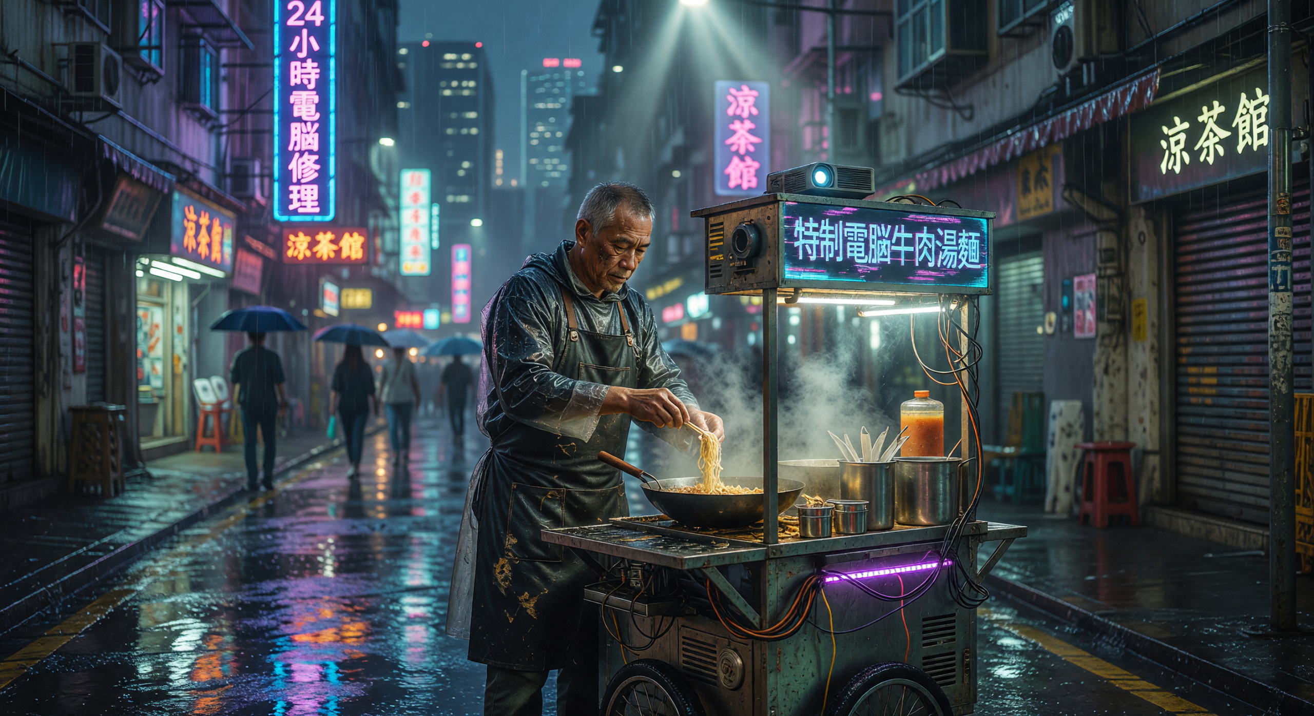 Cyberpunk Street Vendor Cooking Noodles in Neon Rain