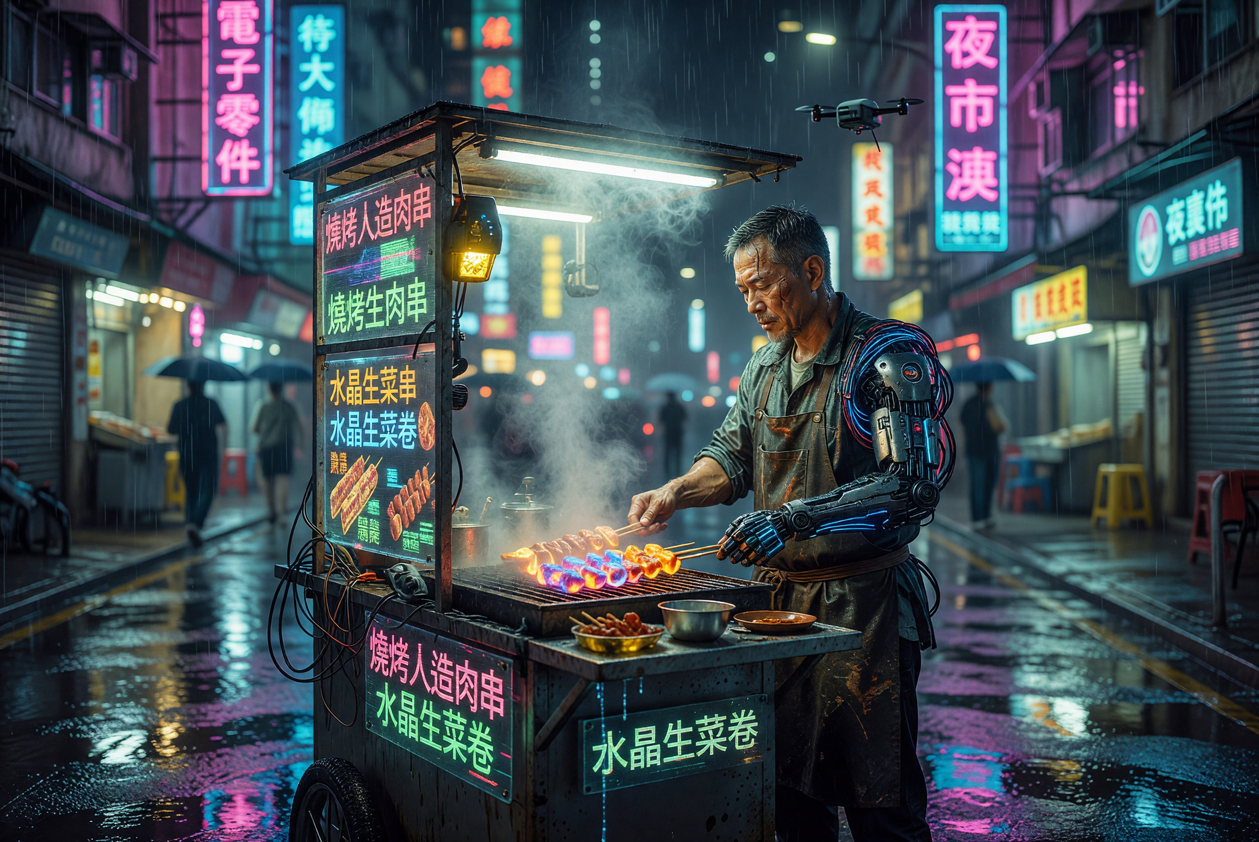 Cyberpunk Street Vendor Grilling Skewers in Rainy Neon-lit Alley