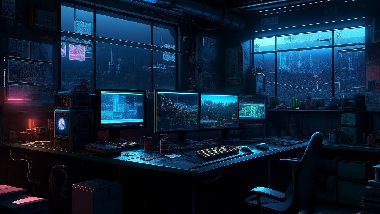 Cyberpunk Studio Desk with Futuristic Monitors and City View