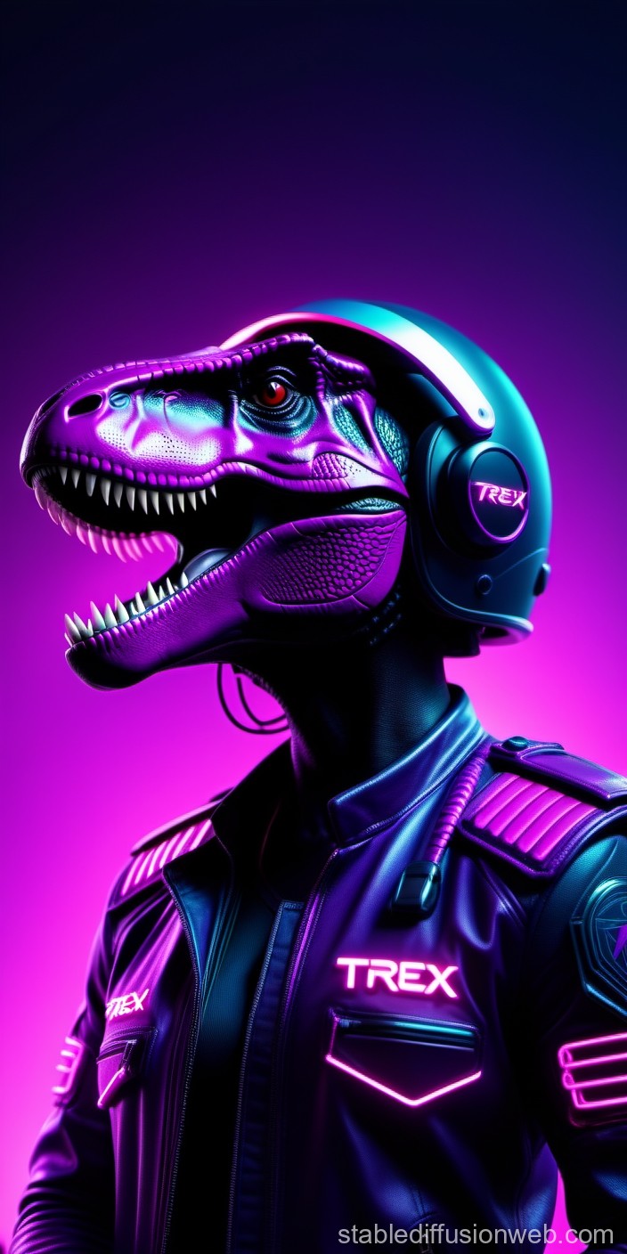 Cyberpunk T-Rex Pilot in Neon Purple and Blue