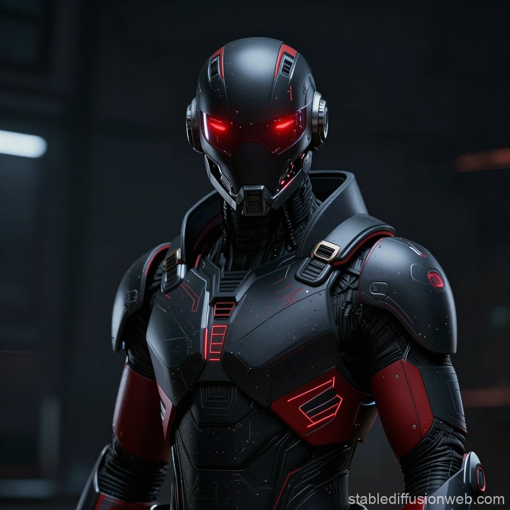 Cyberpunk Warrior in Futuristic Armor with Red Glowing Eyes